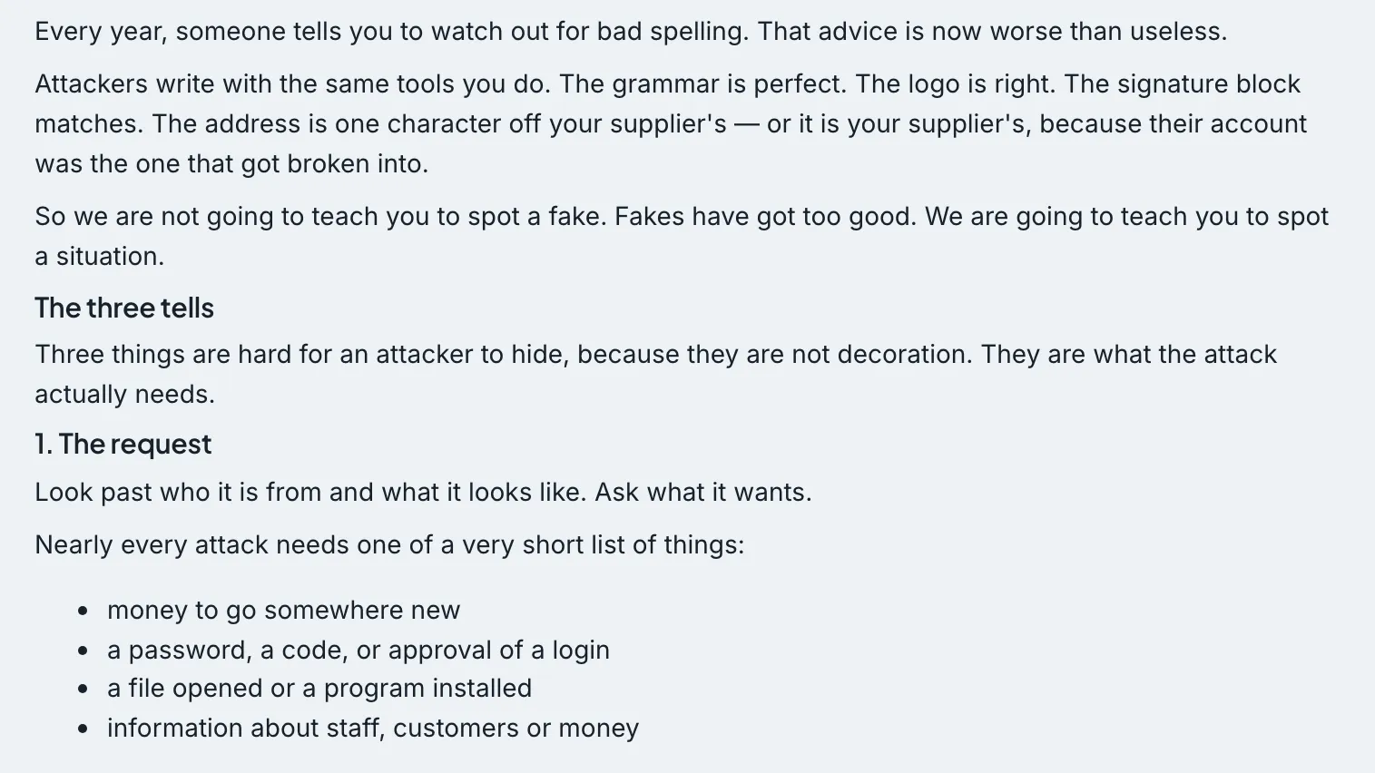 Module text explaining that watching for bad spelling is now worse than useless, followed by “The three tells” and the first tell, “The request,” with the short list of things attacks need.