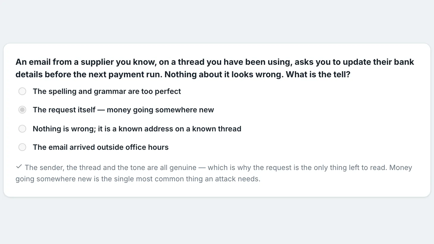 An answered question about a supplier asking to change bank details, with the chosen answer marked and an explanation revealed beneath it.