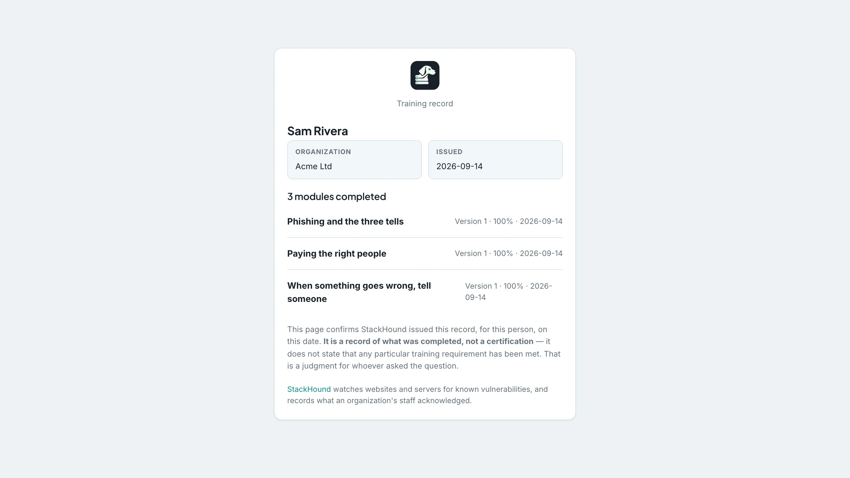 A public verification page showing a name, organization, issue date, and three completed modules with their versions, scores and dates.